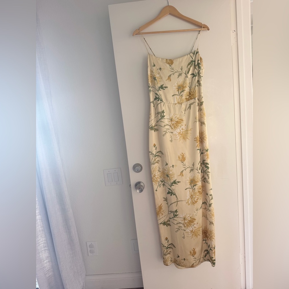 Reformation Frankie Silk Slip Dress Pale Yellow Floral